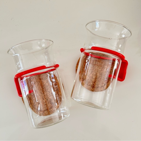 Vintage set of 2 red French press bistro coffee /tea mugs with cork coasters - Picture 7 of 10